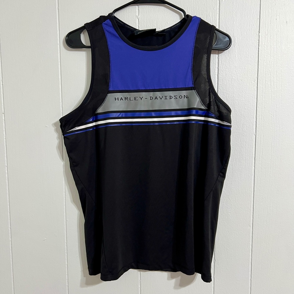 Harley-Davidson H-D Performance Tank Top Mens Large Black Blue Mesh Sleeveless‎